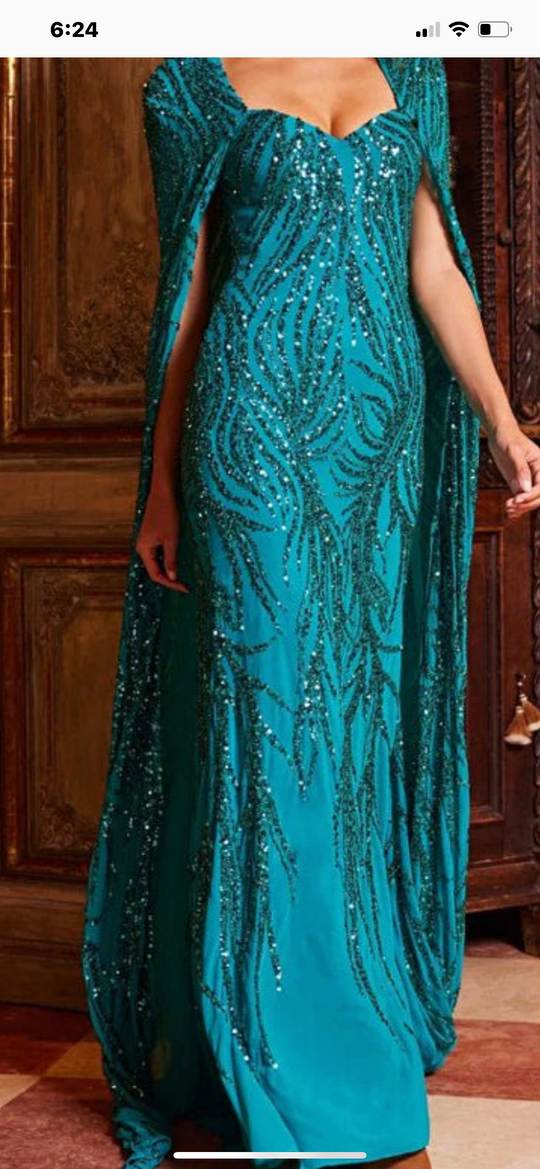 Jovani 23891 Peacock Embellished Long Cape Evening Gown