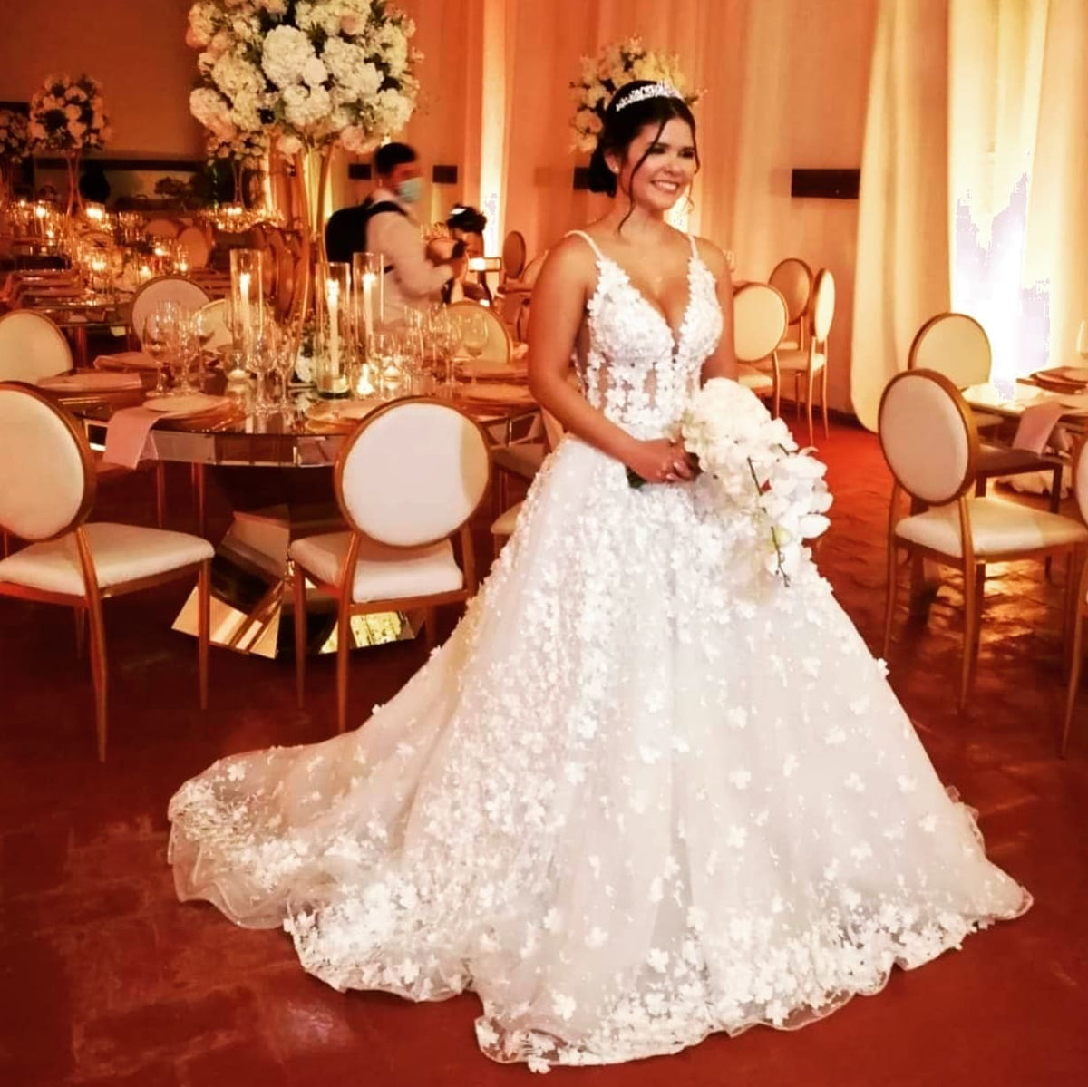 princess cut lace dress Ivory Wedding Dress A-Line Chapel Train V-neck Lace