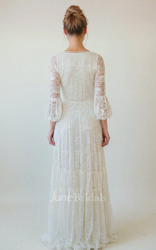 Other Simple Boho Deep V-Neck Informal Lace Floor Length Wedding Dress