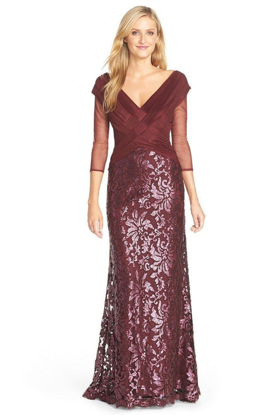 Tadashi Shoji Sequin Lace Ruched Tulle Bodice Dress Gown Auburn