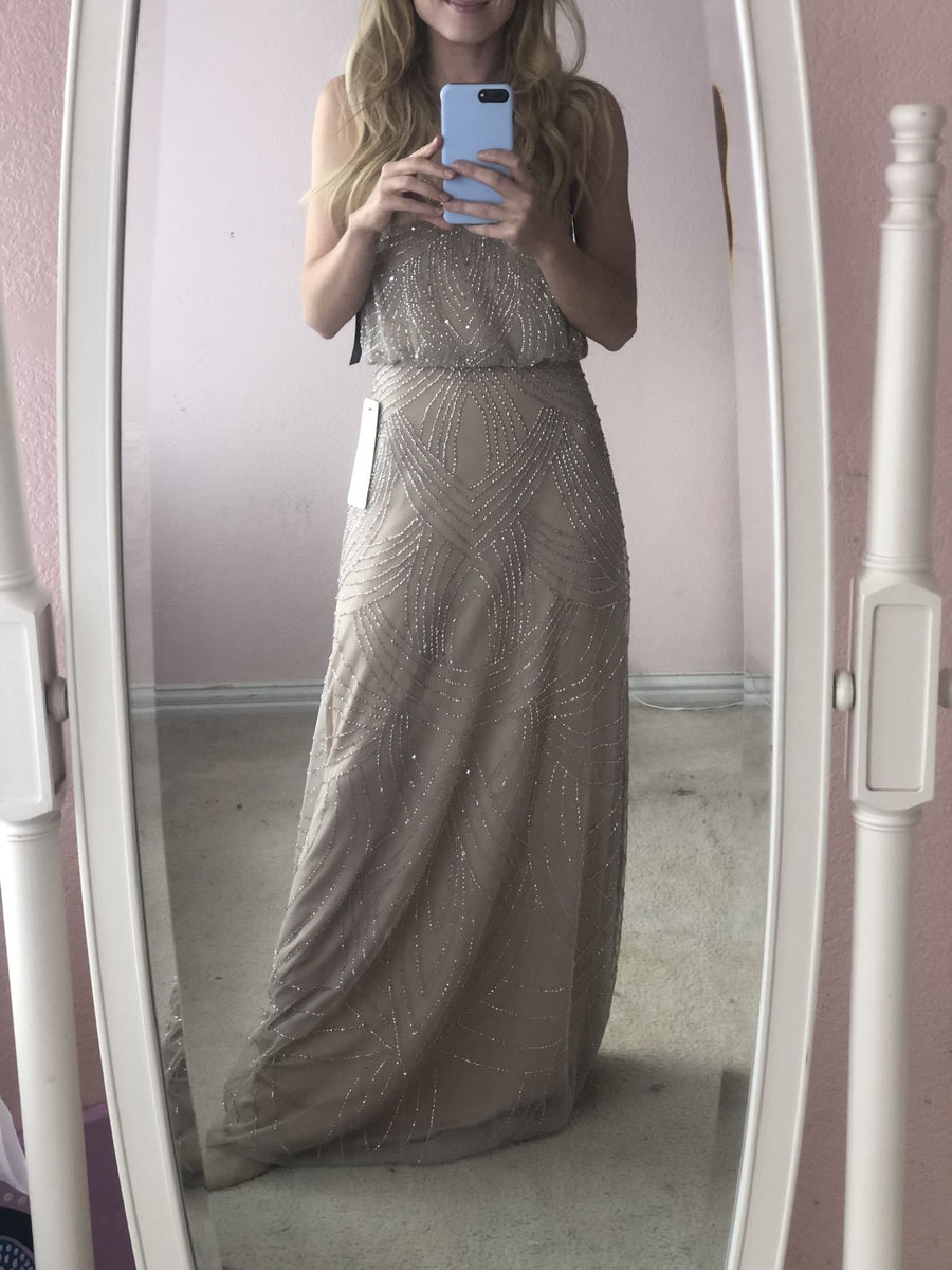 Adrianna Papell BEADED BLOUSON GOWN IN SILVER NUDE