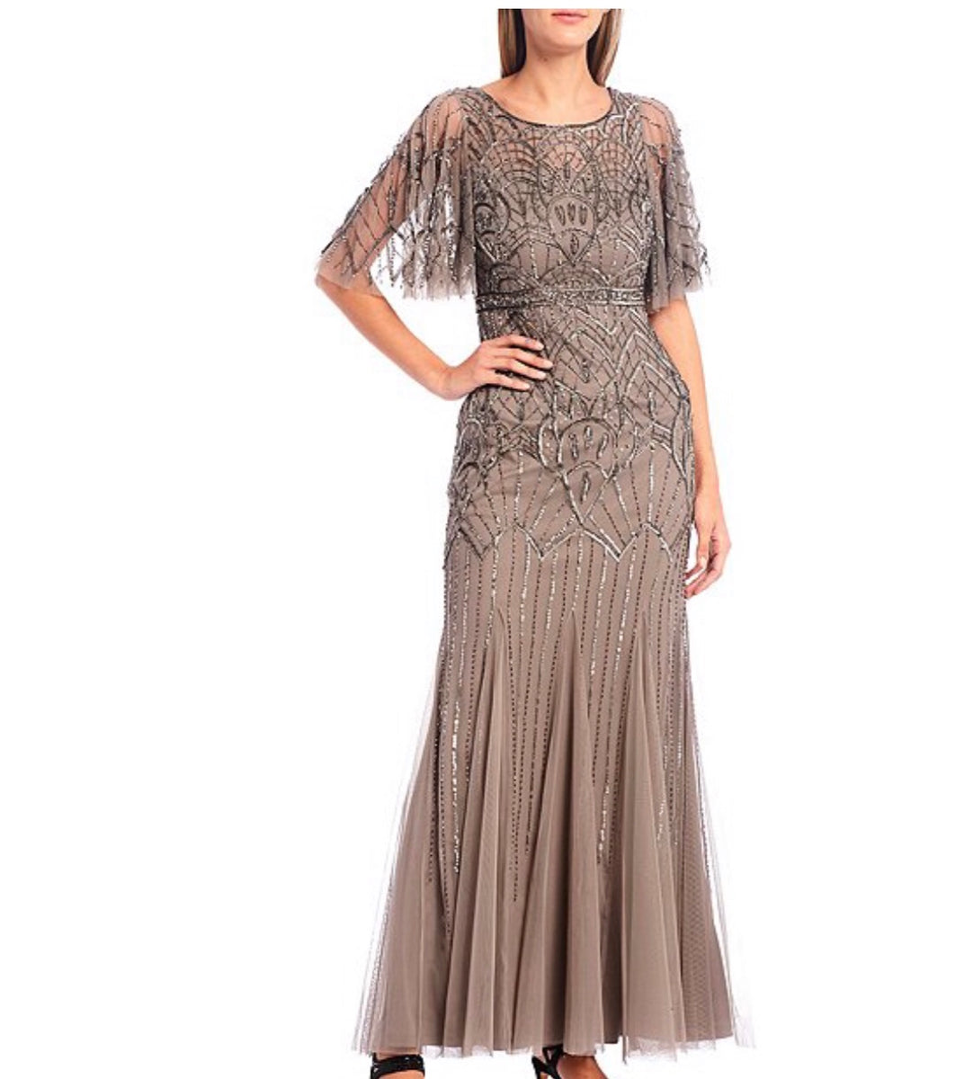 Adrianna Papell Flutter Sleeve Beaded Mermaid Gown