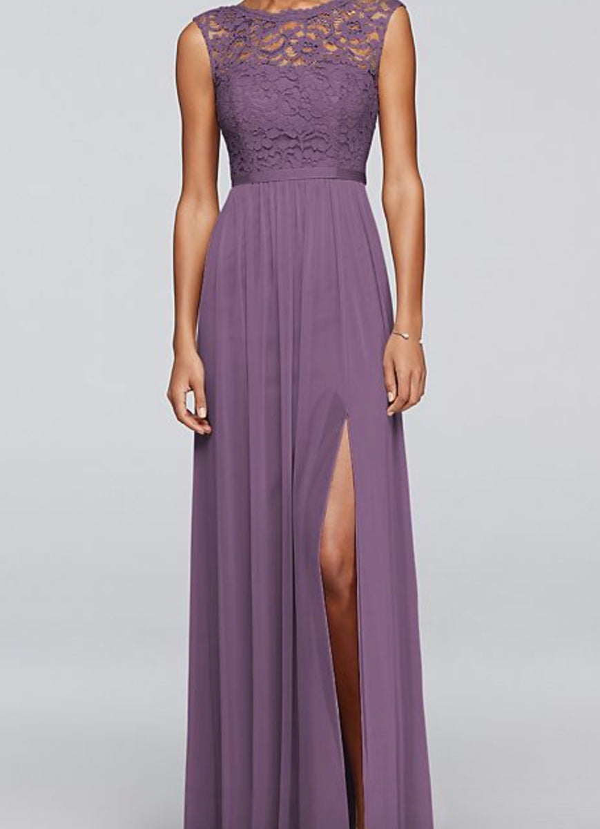 David's Bridal Long Bridesmaid Dress with Lace Bodice