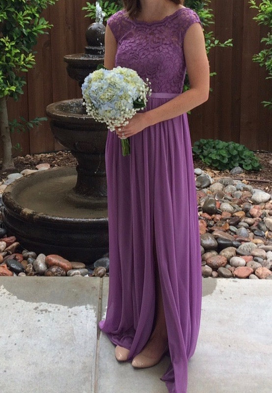 david's bridal long bridesmaid dress with lace bodice Lace Dress with Long Mesh Skirt