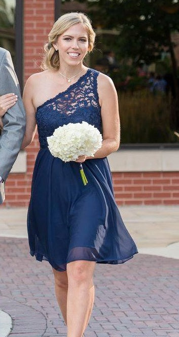 David's Bridal Short One Shoulder Corded Lace Dress – Nearly Newlywed