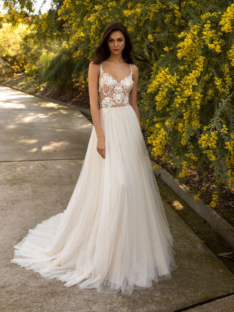 light beige wedding dresses Nude beige/coffee long sleeves or sleeveless lace ball gown wedding dress with shimmering tulle skirt and court train