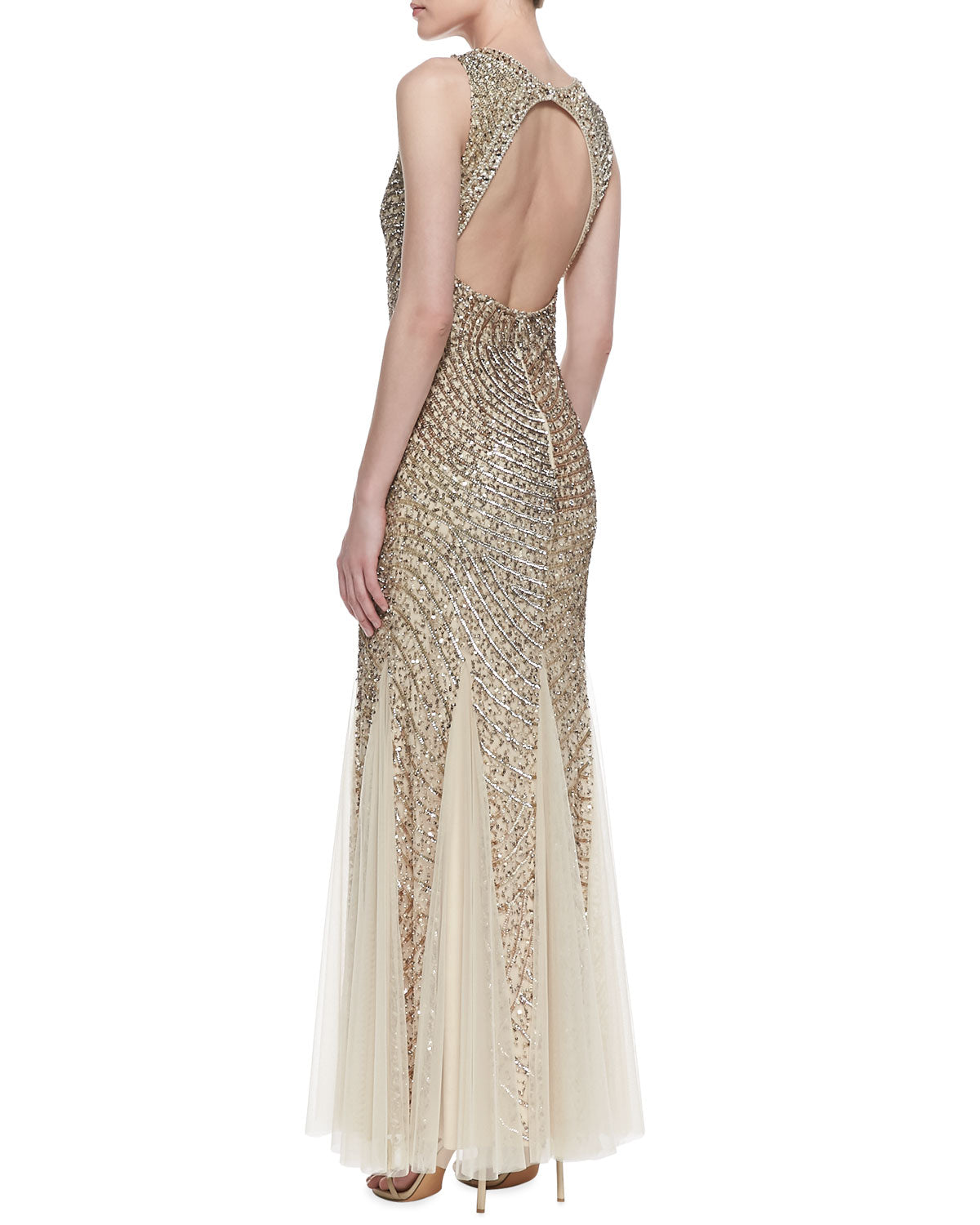 green emerald velvet dress Aidan Mattox METALLIC SEQUIN BEADED GODET GOWN