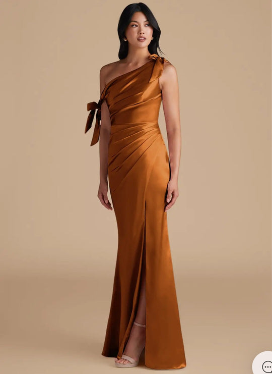 Azazie Copper Sheath Off the Shoulder Metallic Satin Convertible Dress