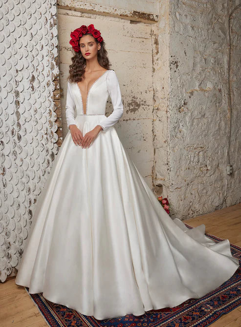long sleeve ivory wedding dress 2025 Calla Blanche 123232 Solana with Detachable Sleeves – Nearly Newlywed