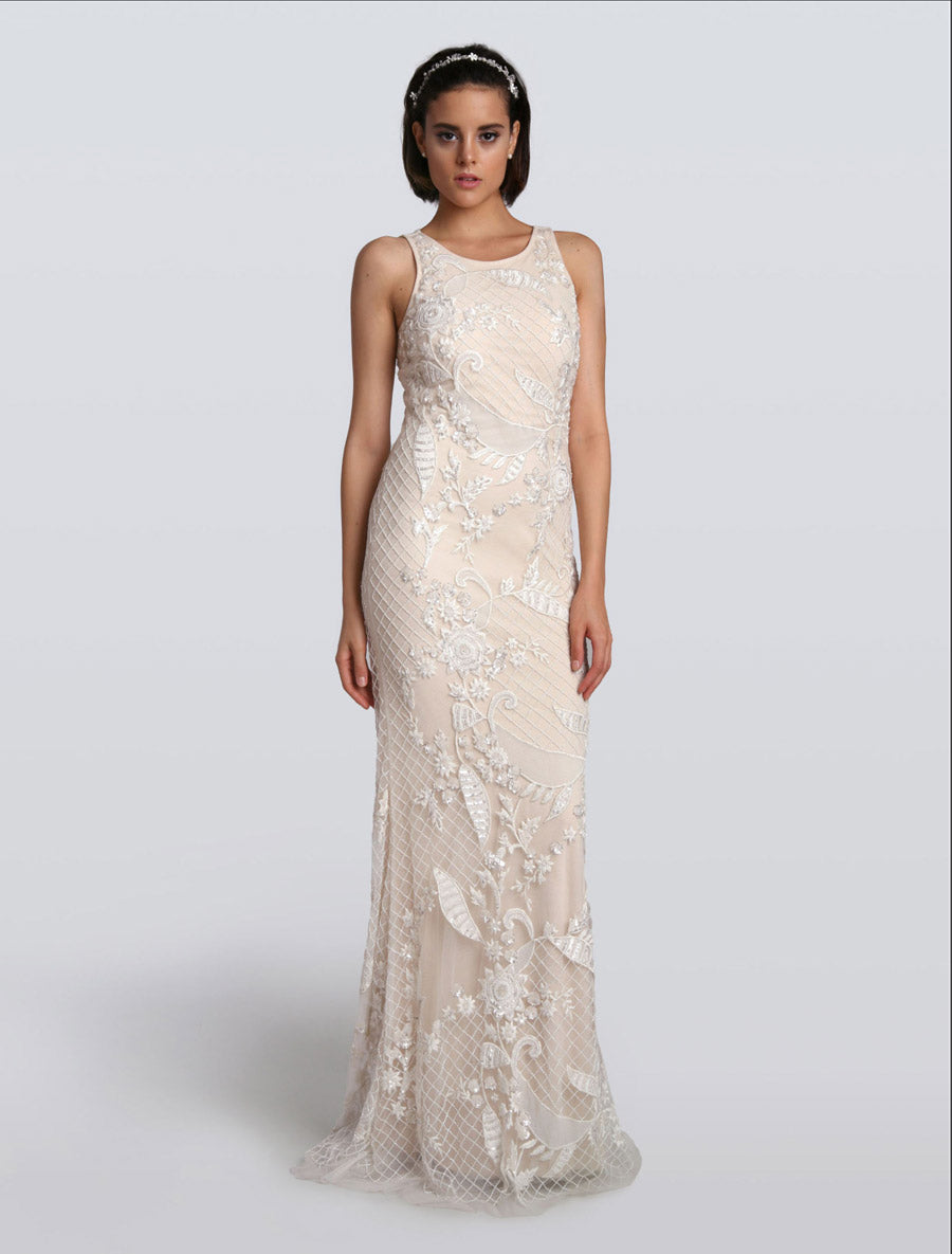 carmen marc valvo beaded dress CARMEN MARC VALVO Size 4 Cream Beaded Lace Overlay Sleeveless Gown – Sui  Generis Designer Consignment