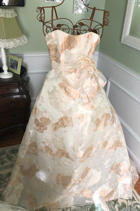 Christos Ivory and Gold Strapless A-Line