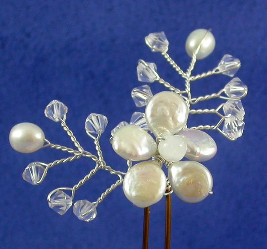 Damselfly Studio Bridals Pearl and moonstone flower hairpin for wedding, prom, ball