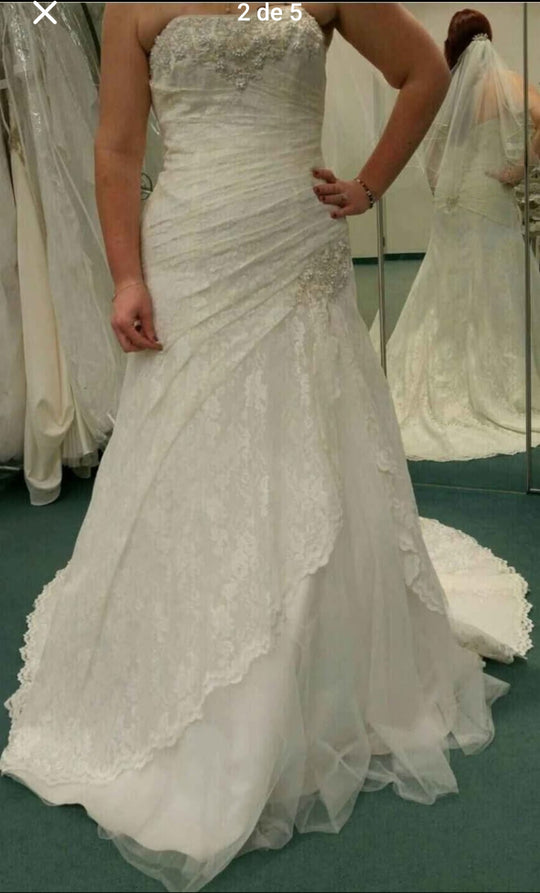 David's Bridal “Strapless Lace A-Line with Beaded Appliques”