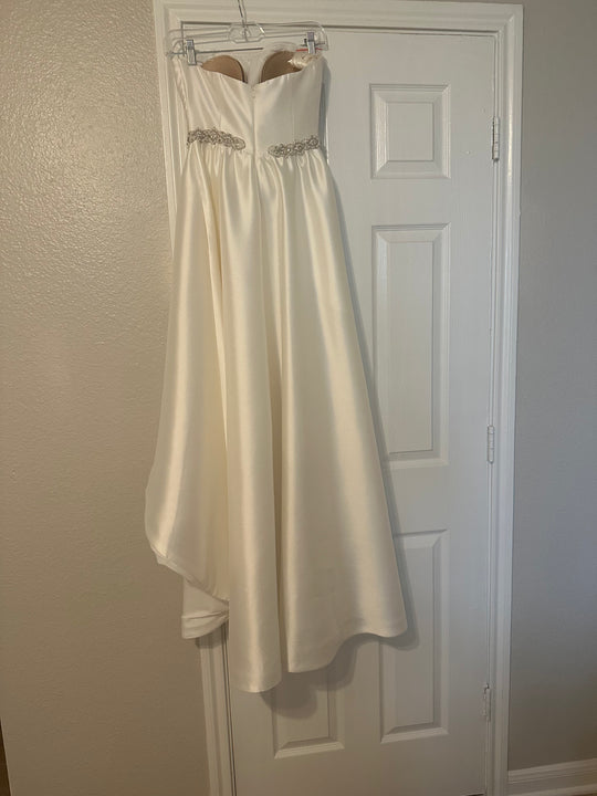 David's Bridal A Line, high low satin gown