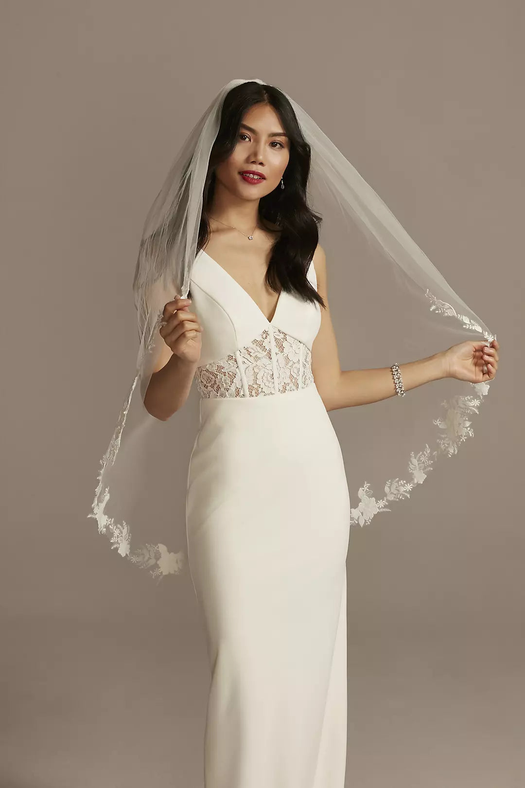 David's Bridal Cutout Lace Edge Mid-length Veil with Sequins