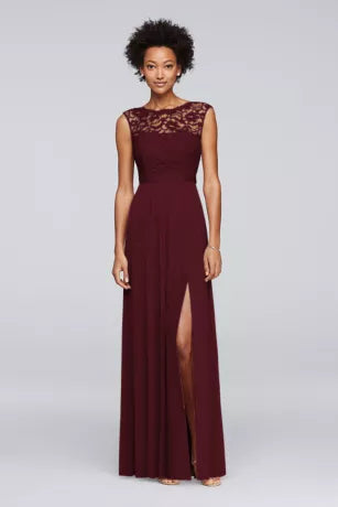 David's Bridal DB Size 12 Long Bridesmaid Dress with Lace Bodice in Wine