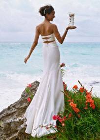 David's Bridal Slim Charmeuse Gown with Beaded Neckline and Back