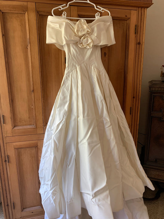 Eva Haynal Forsyth Satin Off the Shoulder A-Line Wedding Dress