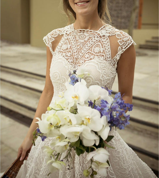 Gemy Maalouf Giupure Lace- Scalloped Neckline And Cap Sleeves Gown