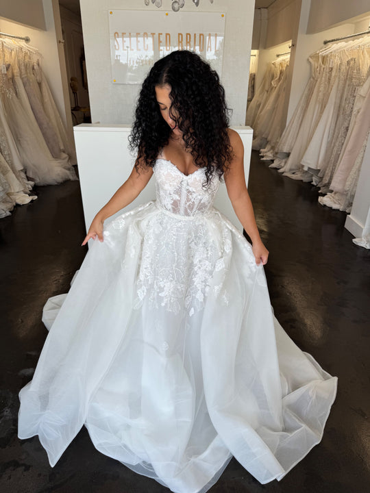 Maria Farbinni Daniella gown with overskirt