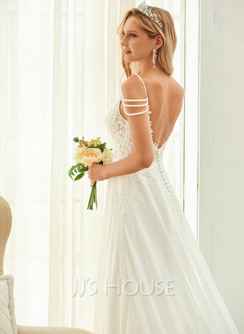 JJ's House 250149 A-line V-Neck Sweep Train Chiffon Lace