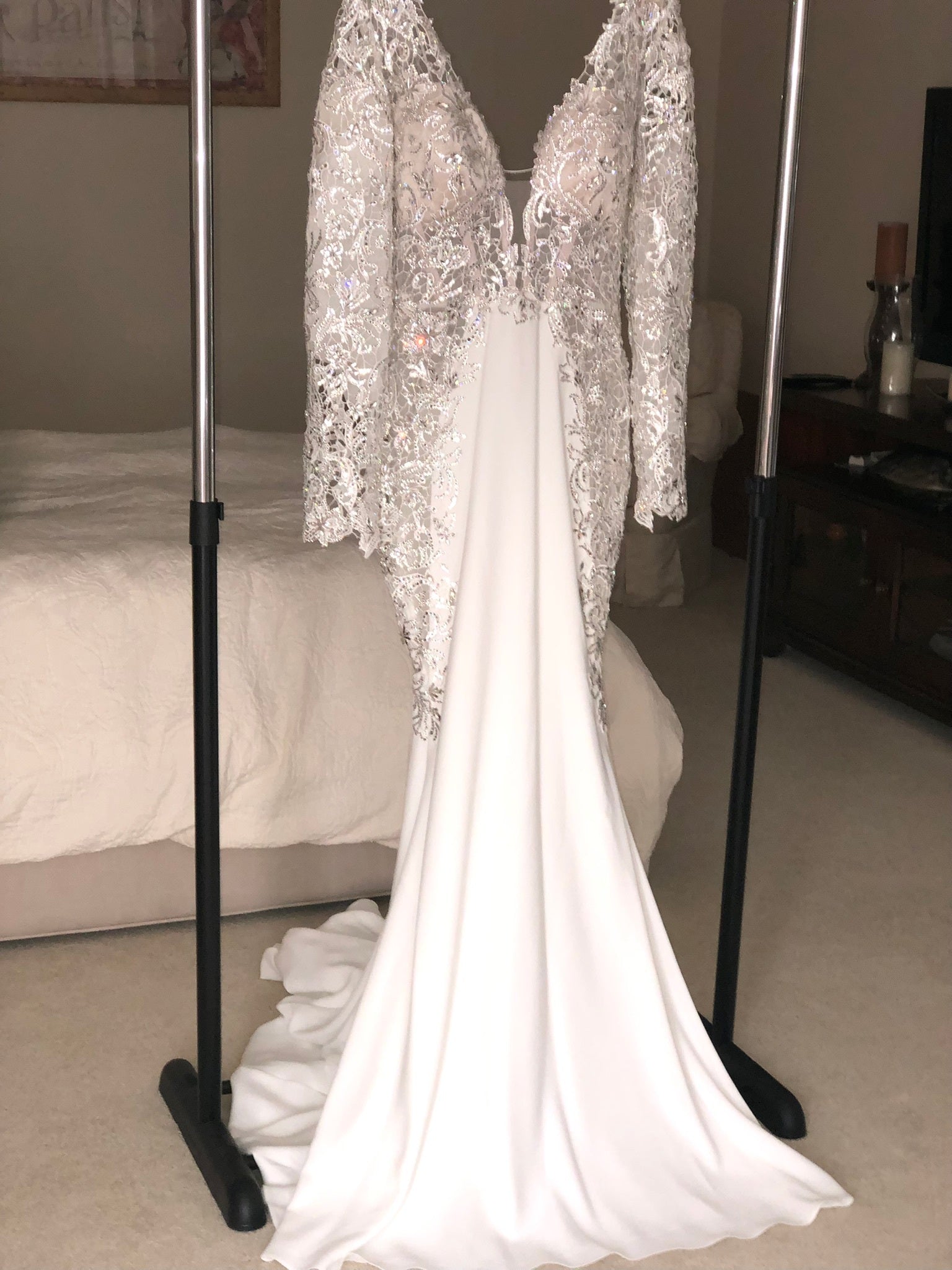 Pnina Tornai Custom Beaded Long Sleeve Fit and Flare Removable Overs Nearly Newlywed