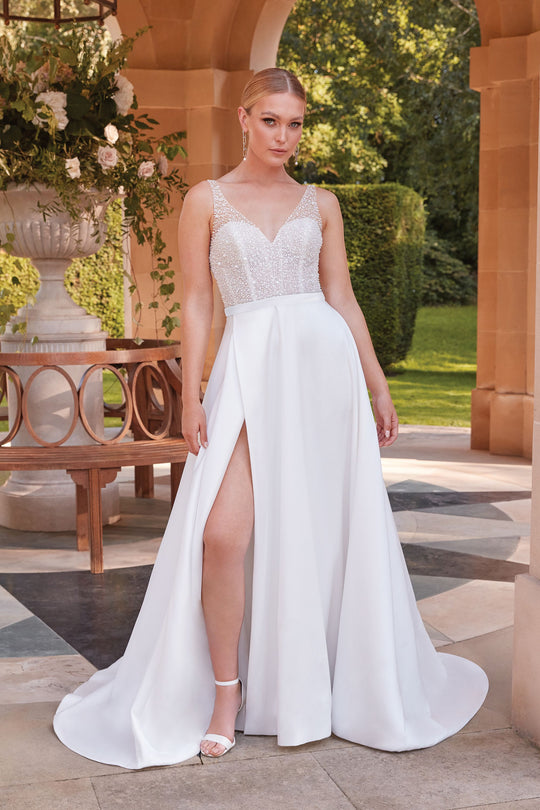 Sincerity Beaded V-Neck A-Line with Mikado Skirt and Slit / Style No 44339