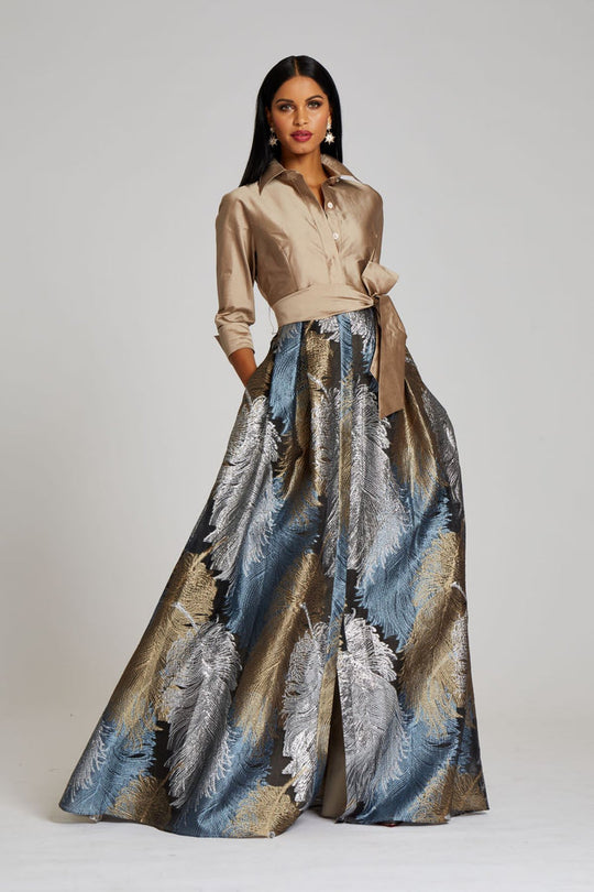 Teri Jon Teri Jon Taffeta Shirt Gown with Feather Pattern - Size 2