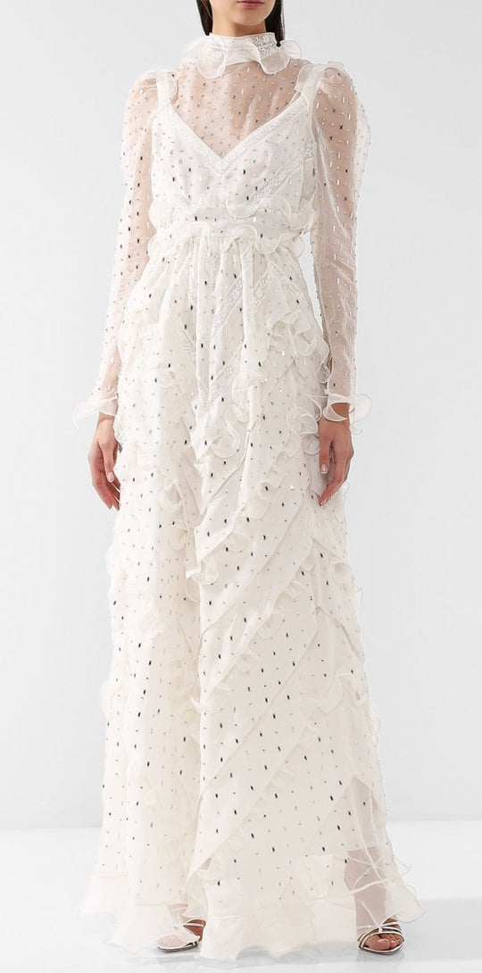 Valentino Long Sleeve High Collar Silk Sheath with Ruffles