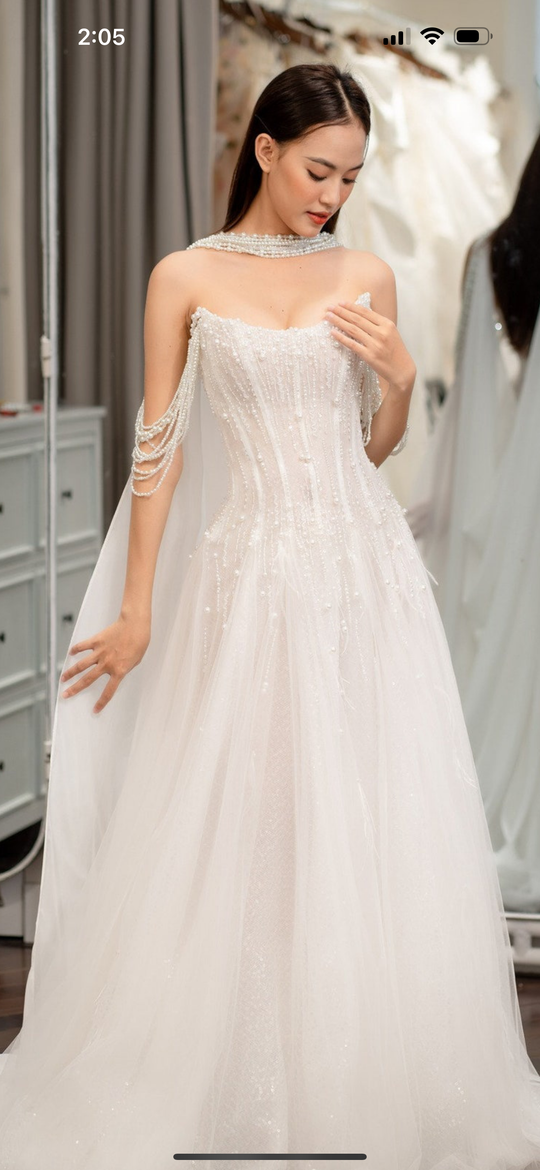 Winnie Couture  A-Line Pearl Feathered Tule Dress/ Capeveil pearl offshoulder