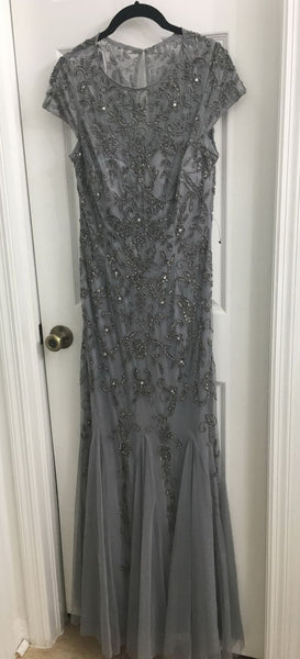 Adrianna Papell Beaded Godet Trumpet Gown silver gray 12Petite