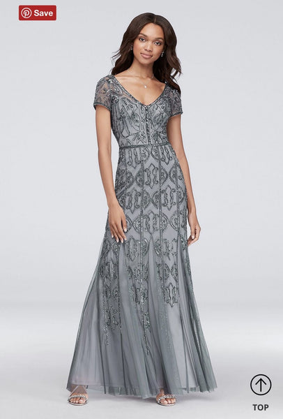 Adrianna Papell Beaded Mesh V Neck Sheath Gown with Cap Sleeves