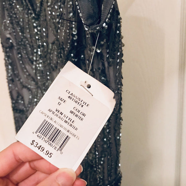 Adrianna Papell Beaded Mesh V-Neck Sheath Gown with Cap Sleeves