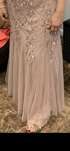 Floral beaded godet gown sales with sheer short sleeves