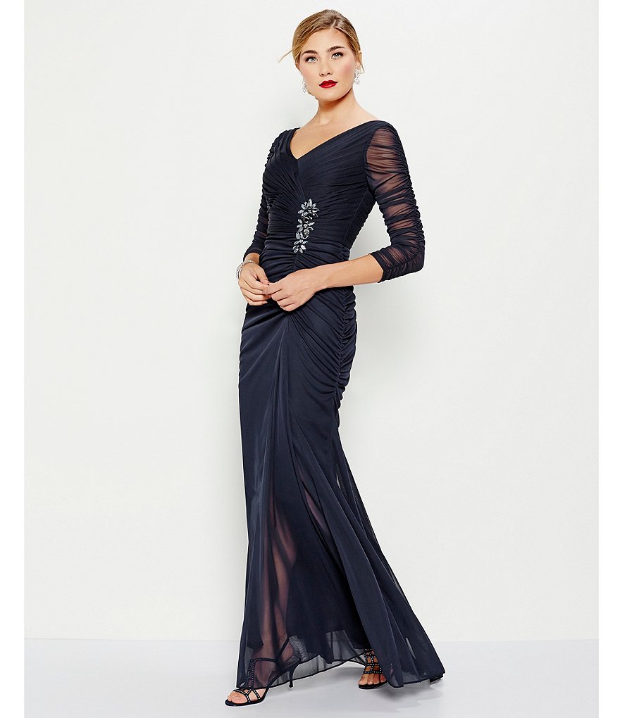 Adrianna Papell Sheer Sleeve Embellished Draped Gown