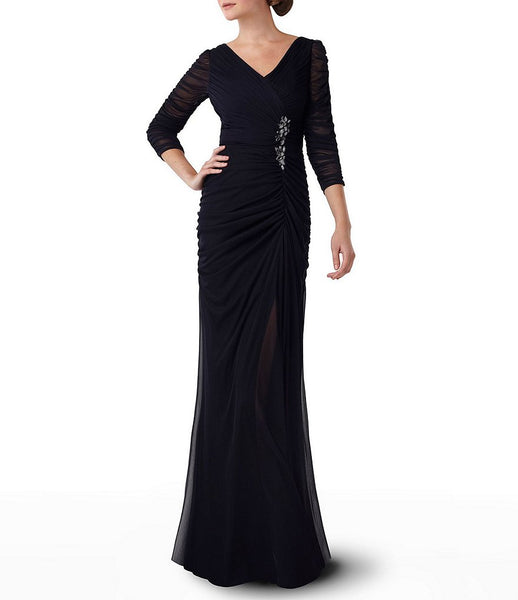 Adrianna Papell Sheer Sleeve Embellished Draped Gown