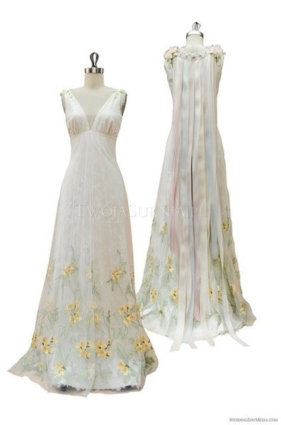 ARIA Wedding Gown by Claire Pettibone. Iridescent green embroidery