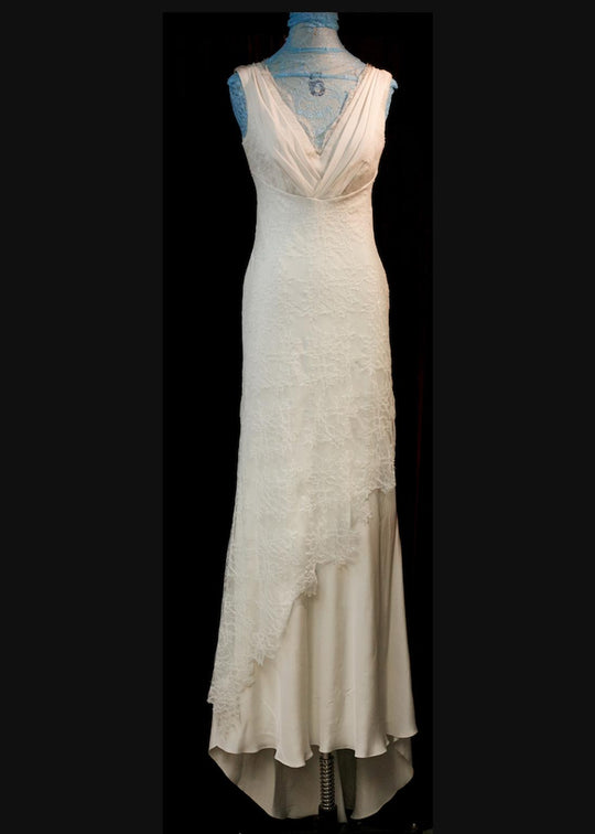 David Fielden V-neck crepe gown with chantilly lace