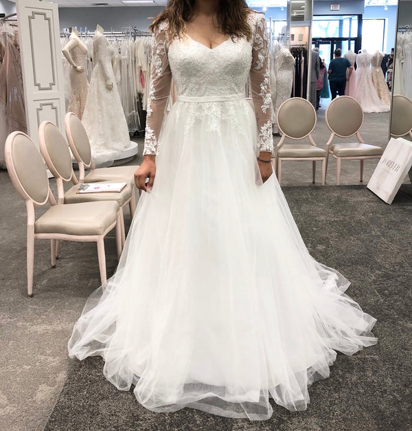 david's bridal long sleeve wedding dress with low back As Is Plunge Long Sleeve Wedding Dress