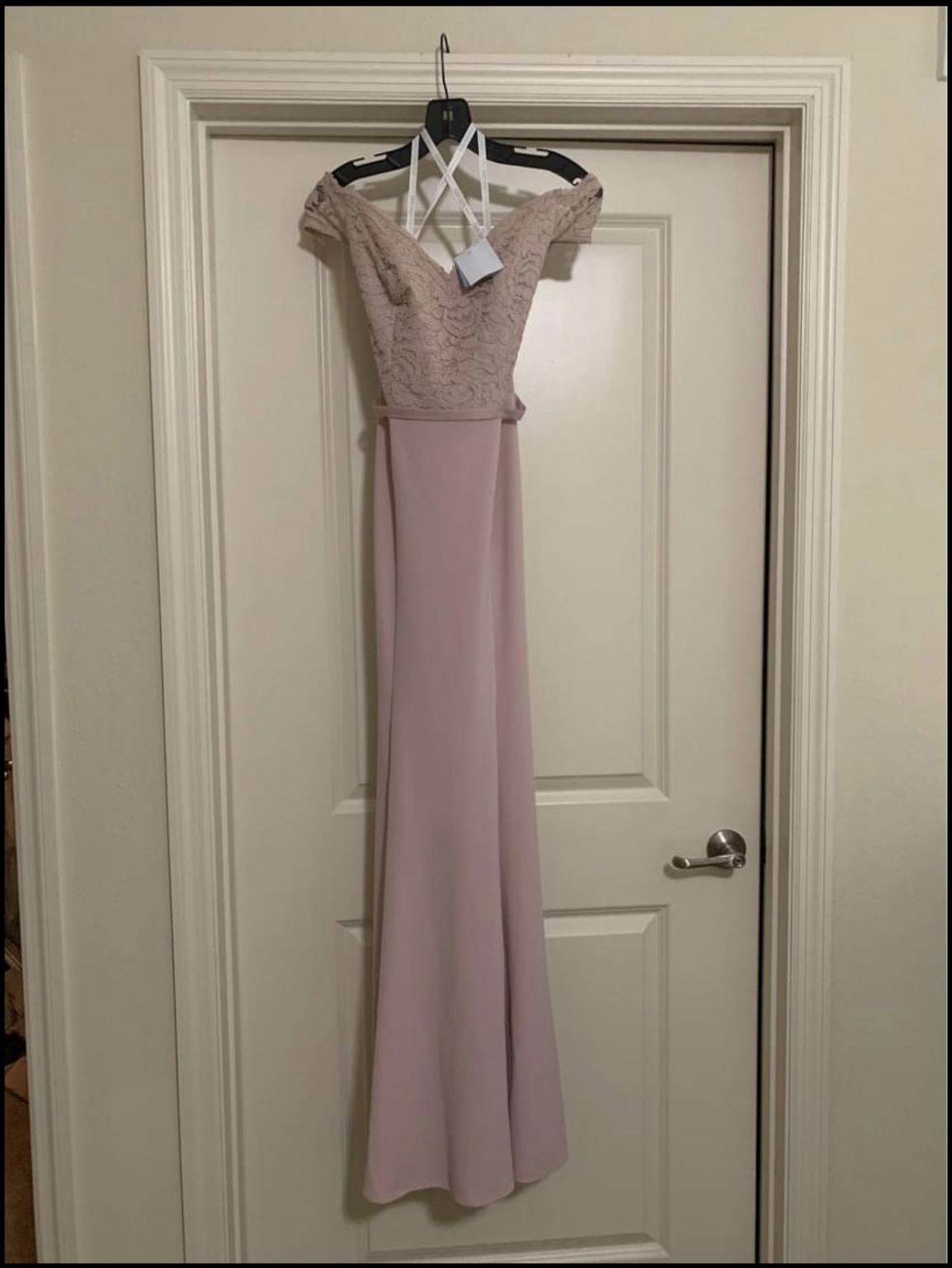 David's Bridal Cameo Lace Crepe Off-the-Shoulder Bridesmaid