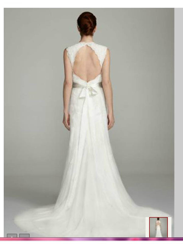 David's Bridal Cap-Sleeve Slim Gown with Keyhole BackStyle VW9768