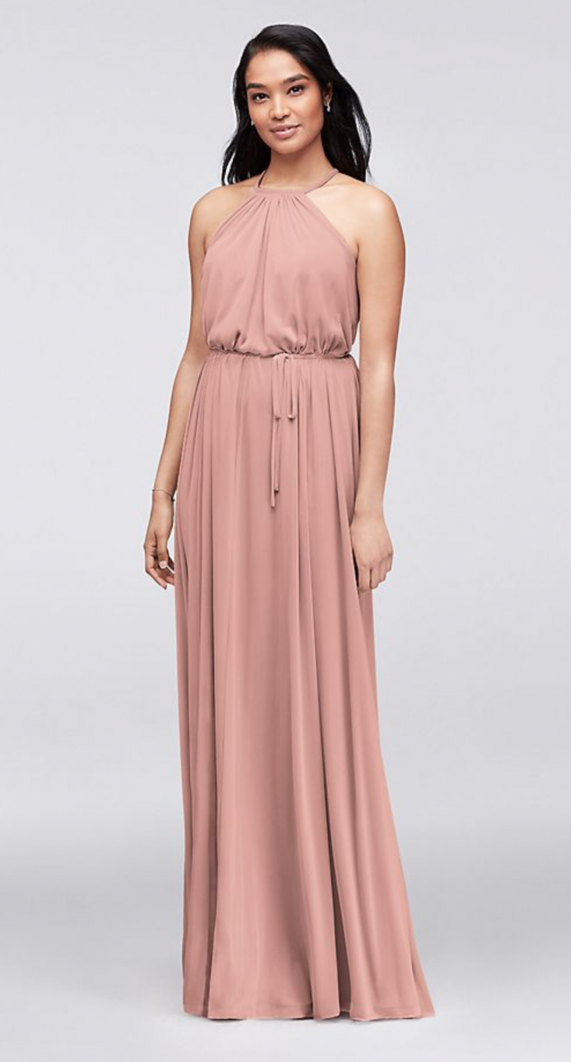 David s Bridal F19533 Soft Mesh Halter Dress w Slim Sash Ballet Nearly Newlywed