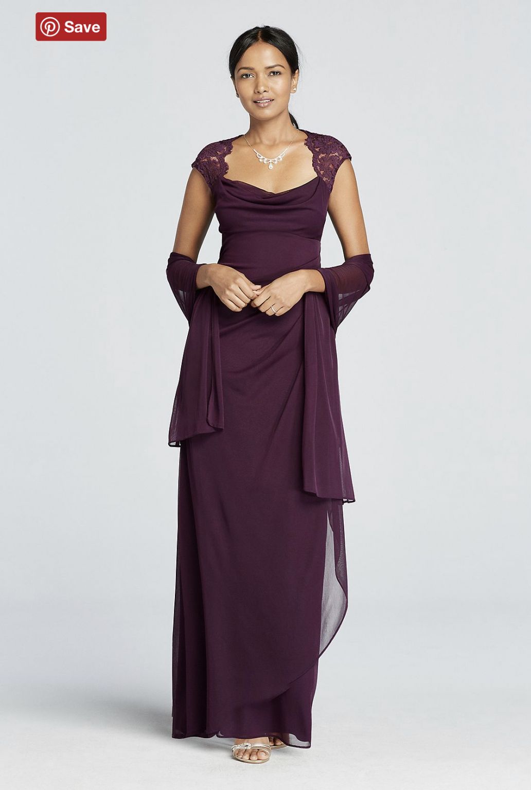 David's Bridal Lace Cap Sleeve Keyhole Back Long Dress XS2195