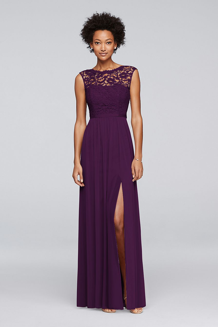 David's bridal long bridesmaid top dress with lace bodice