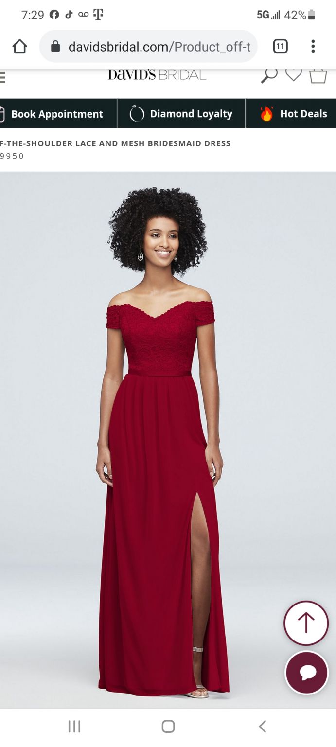 David s Bridal LONG LACE M OFF THE SHOULDER Apple red Nearly Newlywed