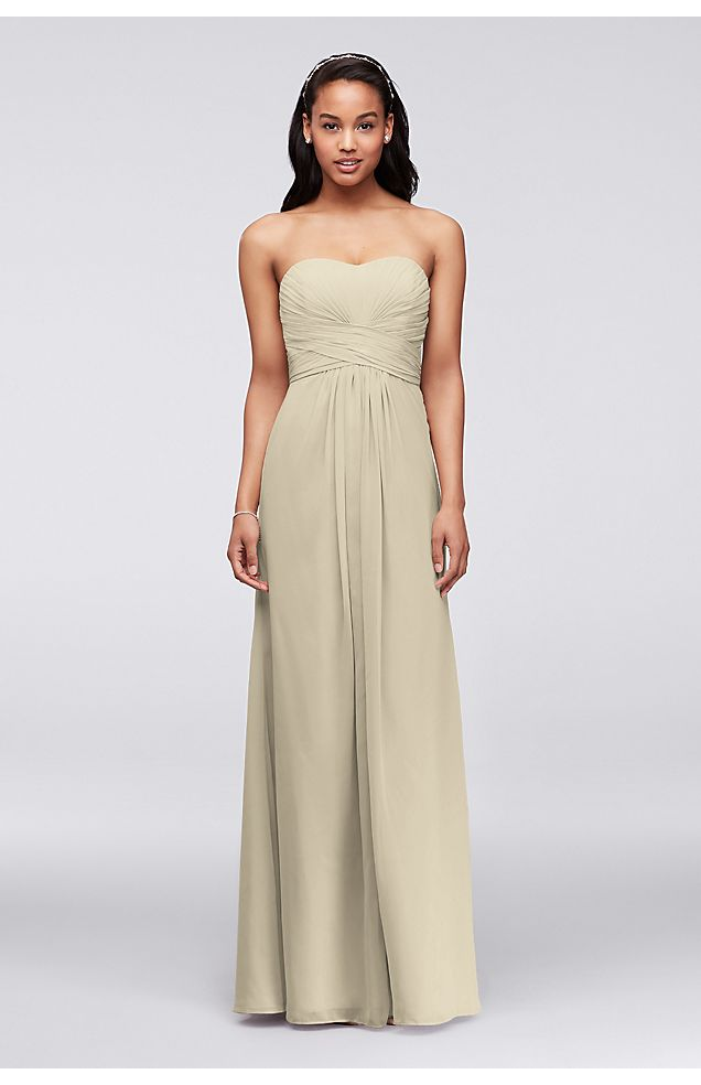 David s Bridal Long Strapless Chiffon Dress and Pleated Bodice
