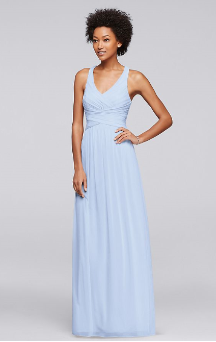 David s Bridal Mesh Long Bridesmaid Dress with Crisscross Back Nearly Newlywed