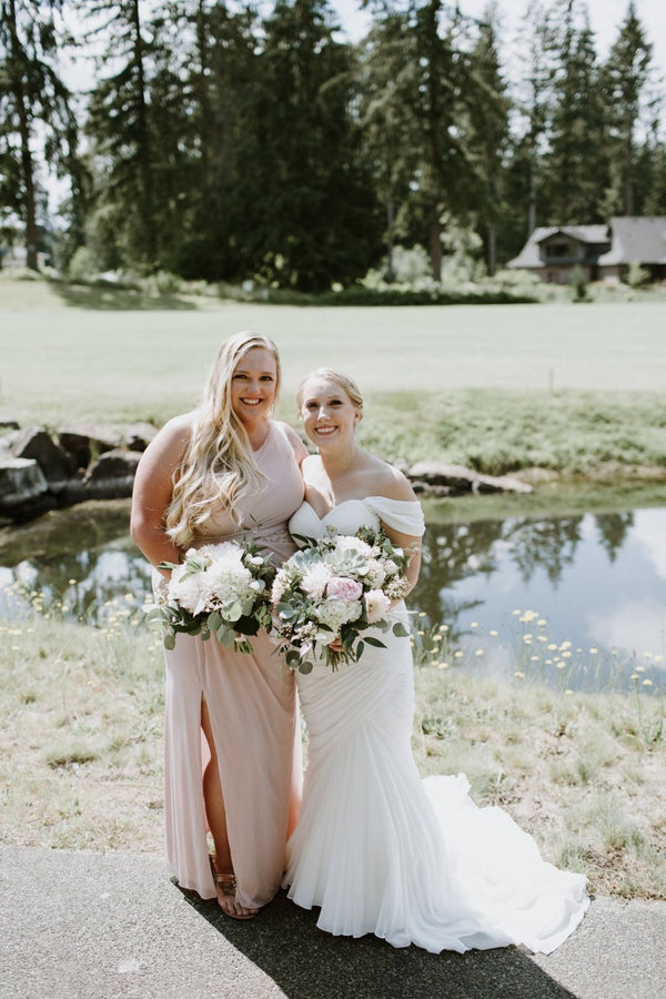 David's Bridal ONE-SHOULDER MESH DRESS WITH LACE INSET/F19419