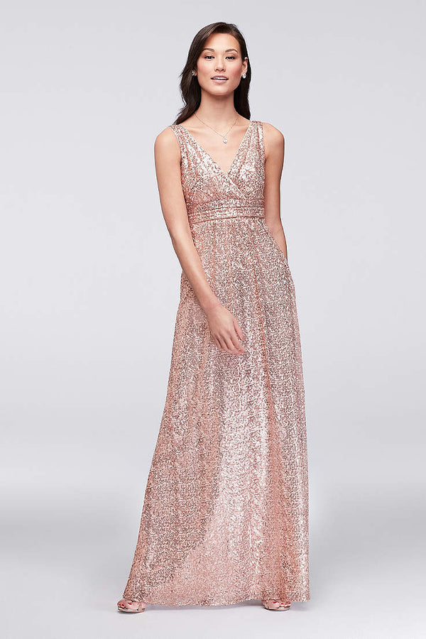 David's Bridal Sequin V-Neck Dress with Satin Pipe F19787