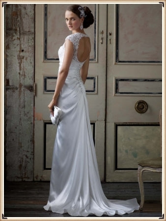 David's Bridal Slim Charmeuse Gown with Lace Keyhole Back T3342 - Main Image